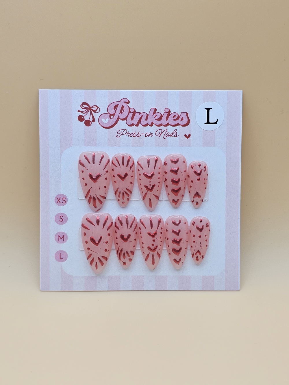 Press-on Nails Set 10pc Size L Almond Pink Red Hearts Valentines